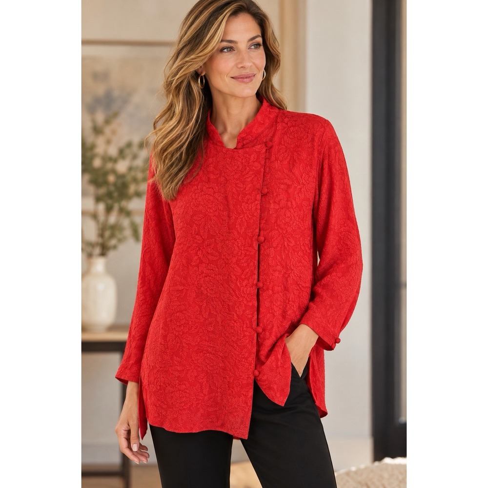 Yi Lin 100% Silk Jacquard Red Kimono Blouse Sz 2XL Nehru Collar Asian Luxury